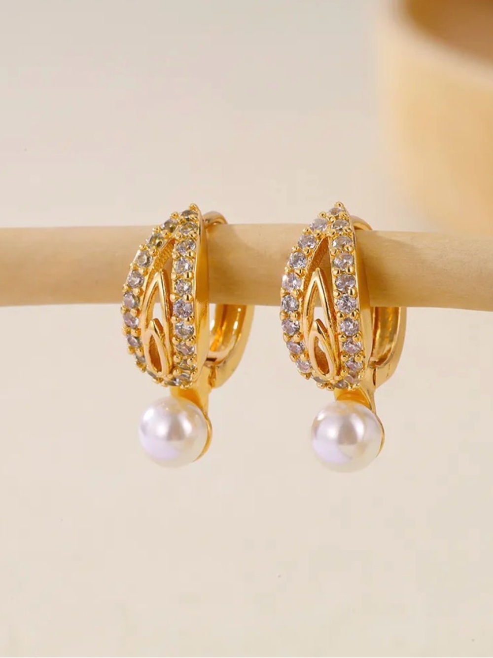 18k Gold plated Pearl Drop Hoop Earrings with Crystal Accents